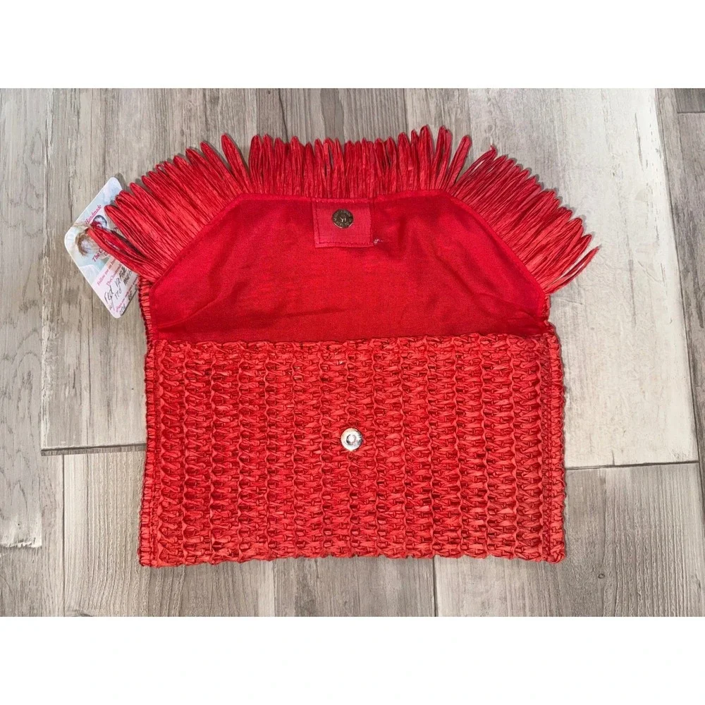 Raffia Fringe Clutch Women Red Woven Boho Straw Magnetic Snap Small